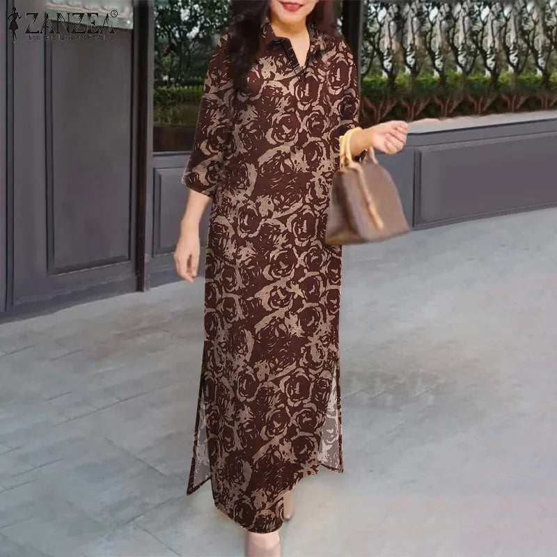 Floral Print Casual Long Vestidos Pure Cotton Vintage Slit Hem Autumn Shirtdress 3/4 Sleeve Women Vacation Maxi Dress