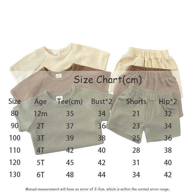 Kid's Summer Outwear Clothing Set Casual Boys Girls Waffle T-shirt Suit Children's 2PCS Tee And Shorts 1-6Y Unisex