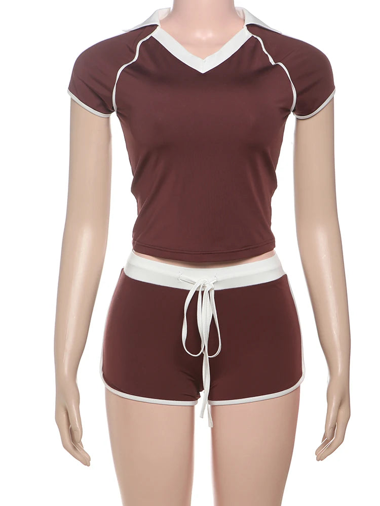 Casual Women 2 Piece Set Tracksuit Stretch Sporty Polo Neck Crop Tops + Wide Waist Shorts Matching Streetwear Outfits