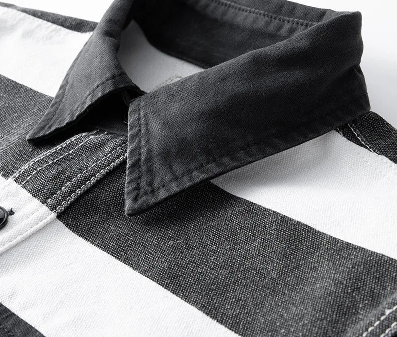 Herfst Nieuwe Amerikaanse Retro 16oz Zwaargewicht Gevangenis Gestreepte Jas Herenmode Puur Katoen Gewassen Dikke Canvas Motorjas