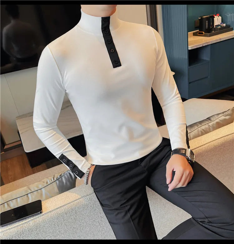 Men's High Quality Long Sleeve T-shirt For Autumn & Winter, Half-High Collar, Solid Colour Top. Collar Button Polo, Suitable As Business Casual