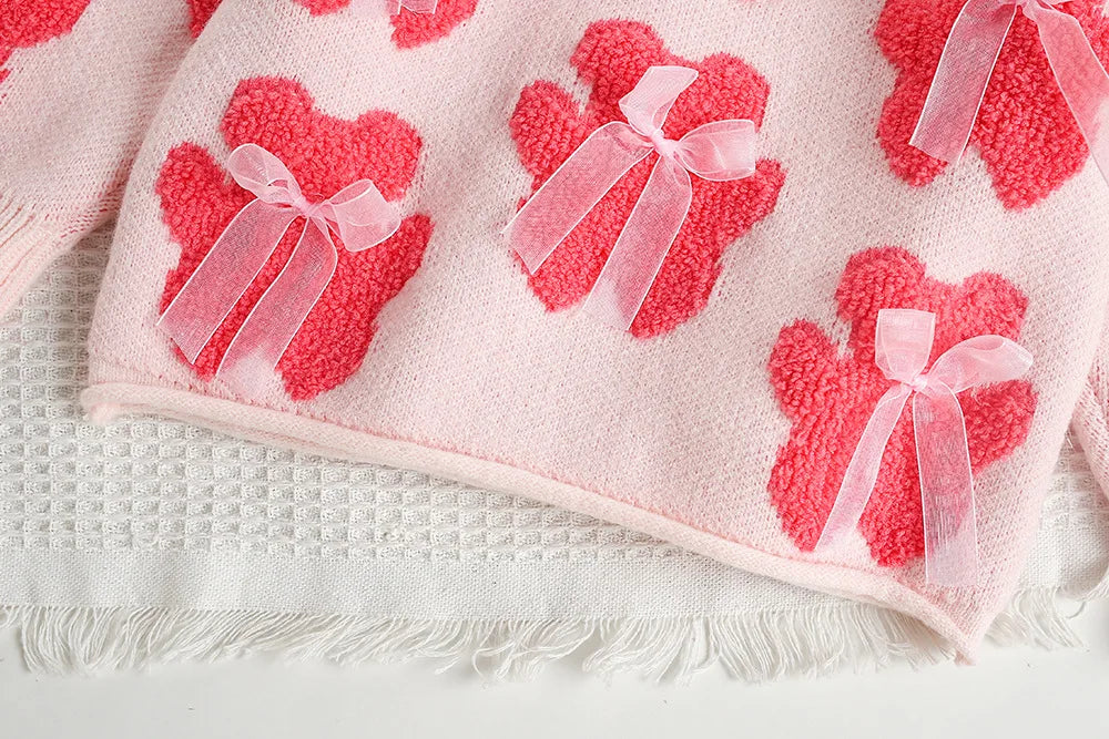 Autumn Kids Outfit 2PCS Set Sweet Bear Bow Girl's Knitted Sweater And Mesh Skirt Korean Loose Children's Clothing 9M-5T Girls