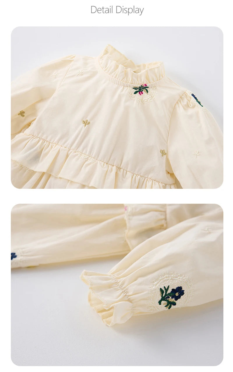 Spring Girls' Long Sleeve Dress 0-6Y Flower Embroidery Ruffled Collar Baby Children's Princess Dress Retro Style Kid's Clothing