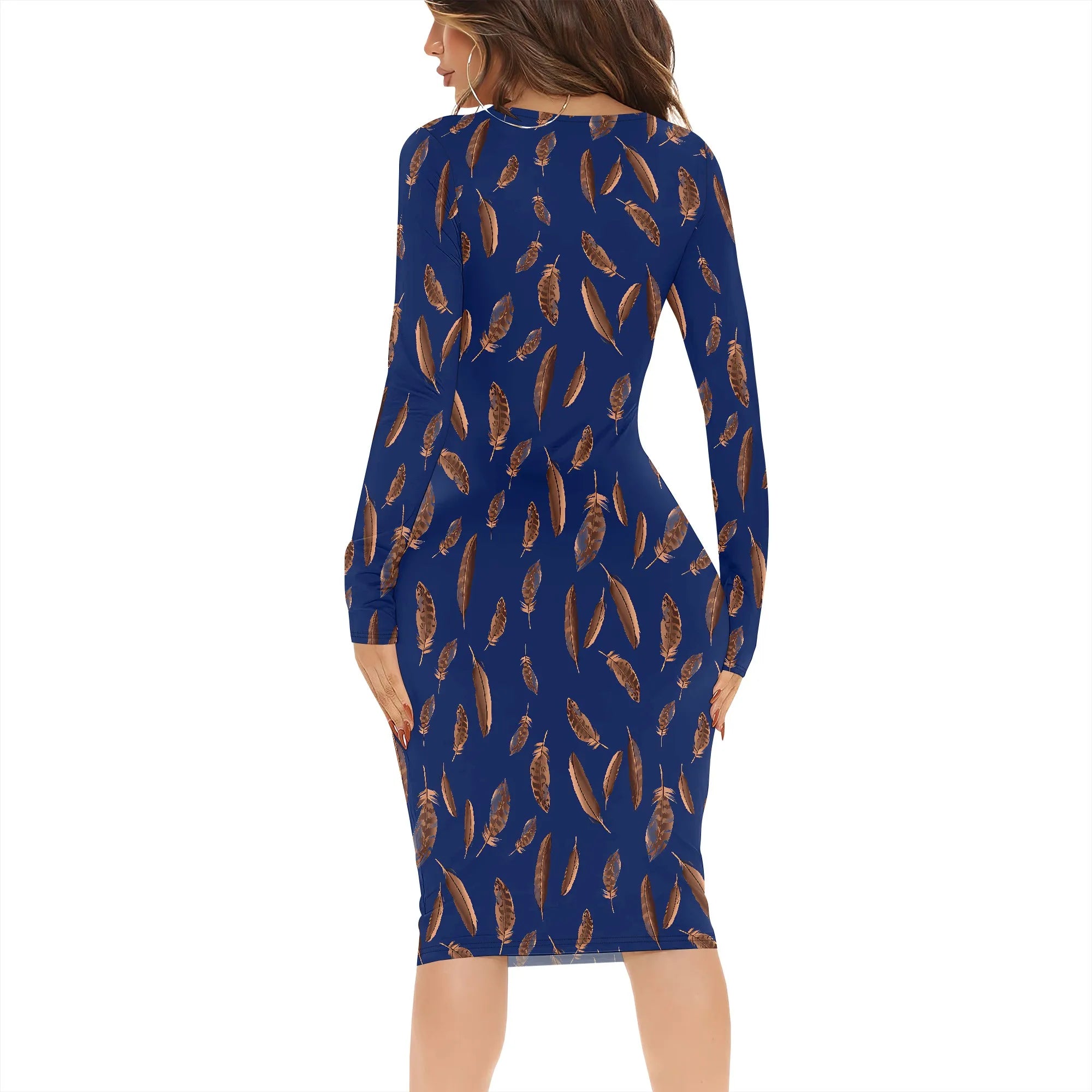 Womens Bodycon White Dark Blue line Flower Print Round Neck Ruffle Ruched Party Knee Length Pencil Dress