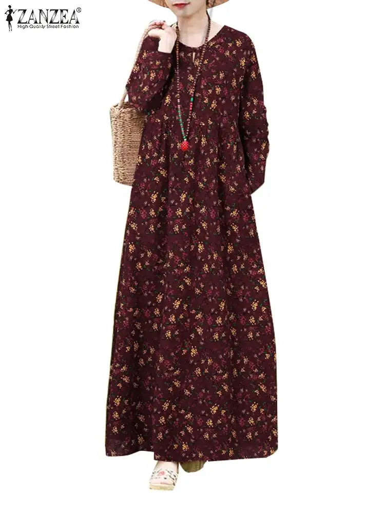 Floral Print Long Sleeve Maxi Dress Women Casual Loose Elegant Vintage Long Robes Holiday O neck High Waist Vestidos