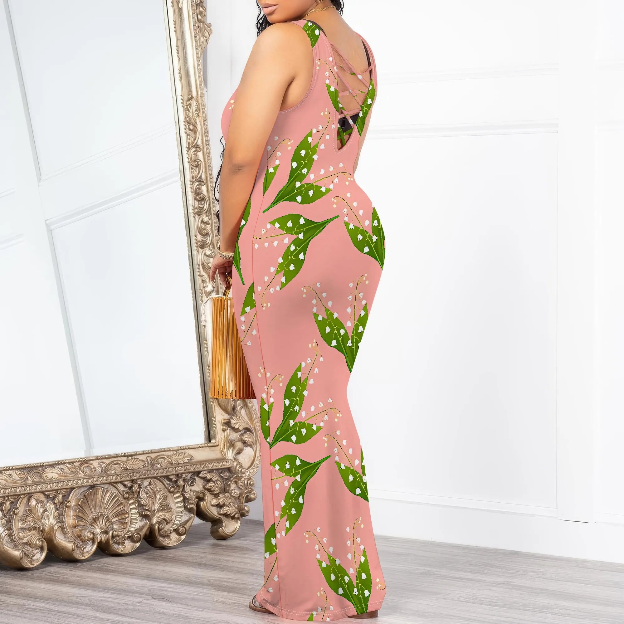 Lily of the Valley Print Maxi Dress Sleeveless Green Leaf Pink Bodycon Long Dress for Women Spring Summer Look