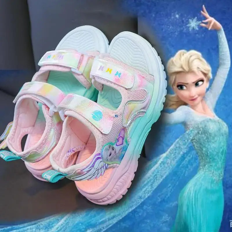 Disney Children Shoes Summer Elsa Girls Mesh Beach Sandals Fashion Frozen Princess Soft Bottom Light Peep Toe Sandals Size 26-36