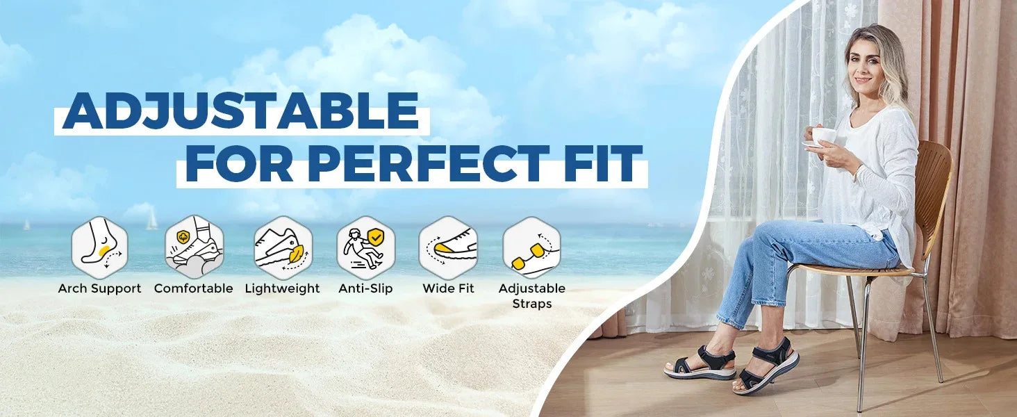 Women's Sandals Summer Beach Flats Adjustable Ankle Strap For Swollen And Flat Feet With Arch Support Open Toe Orthotic