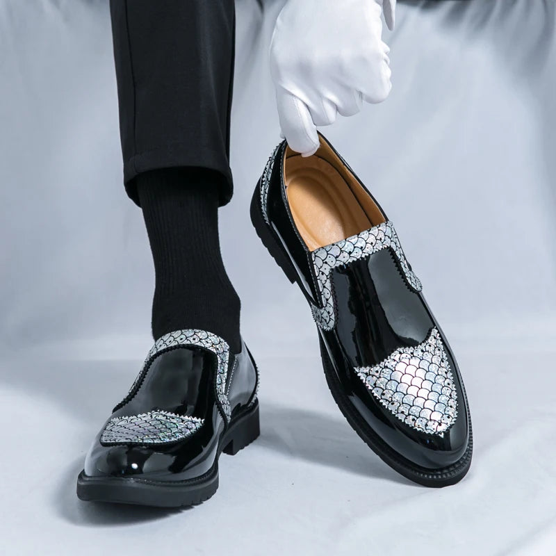 Slip-on Men Formal Dress Party Shoes Black Silver Male Business Adult Loafers Large Size 38-47 Adult Fashionable Wedding Shoes