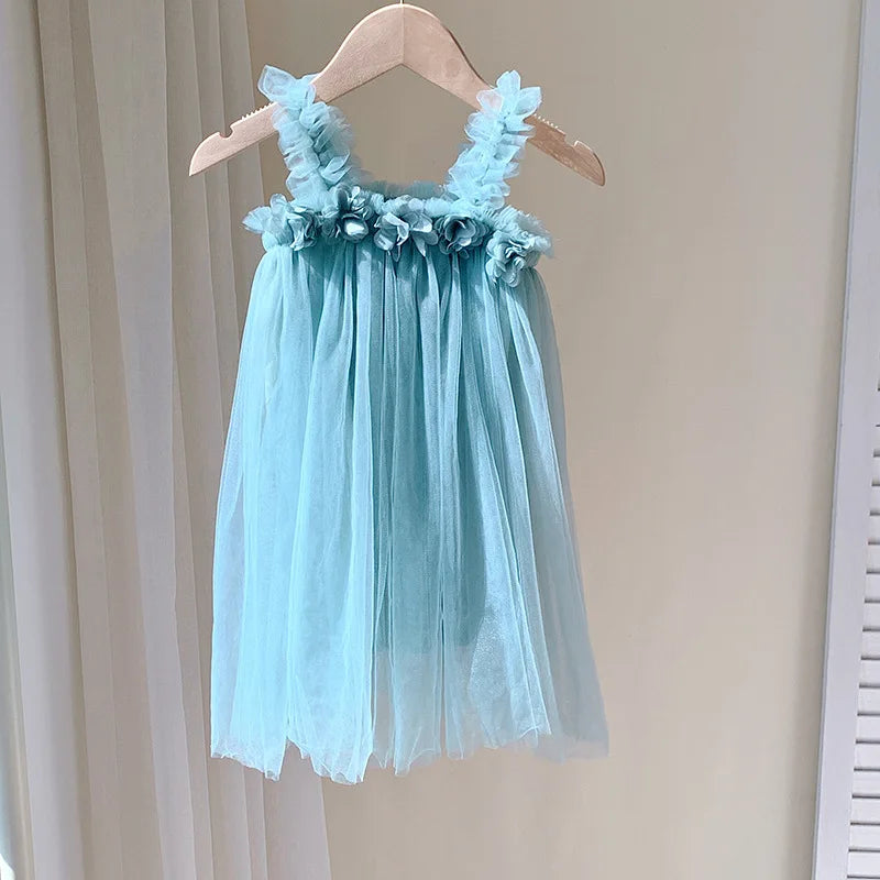 Summer Kids Sweet Mesh Dress Girls 6 Colours Suspended Floral Beach Skirt Children Tutu Princess Dress 1-6Y Girls