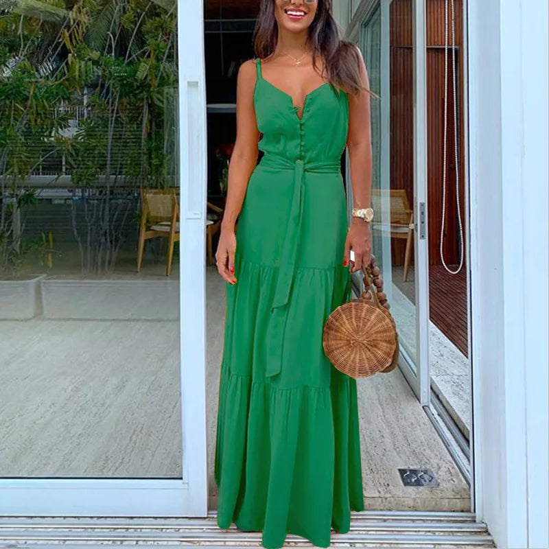 Summer New Women's Clothing European Style Unique Button V-neck Spliced Tank Dress Long Dress Sleeveless