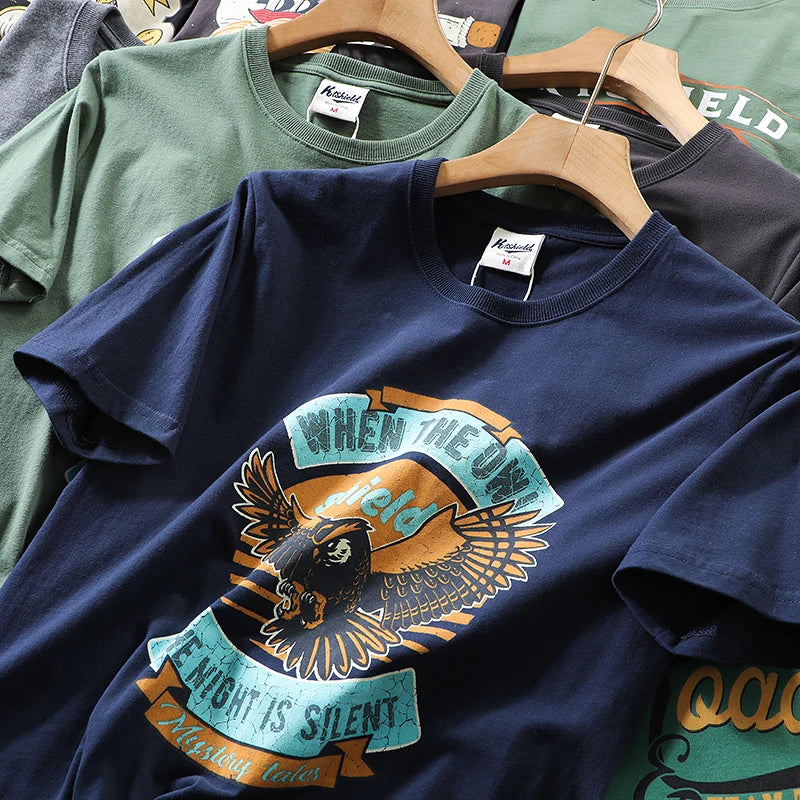 2025 Summer New American Retro 250g Short Sleeve O-neck Printed T-shirt Men's Fashion 100% Cotton Washed Casual Loose Tops