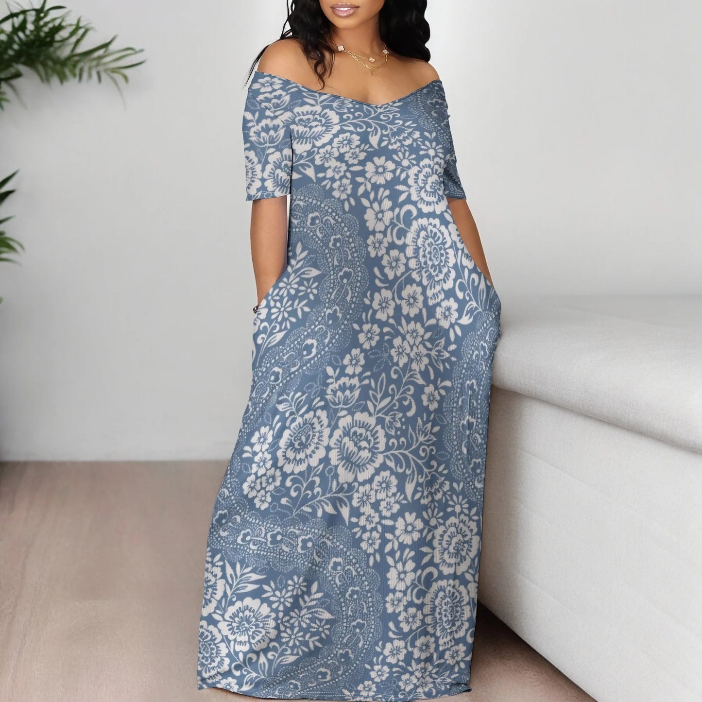 Trendy Off Shoulder Floral Print Maxi Dress Women Summer Look with Side Pockets
