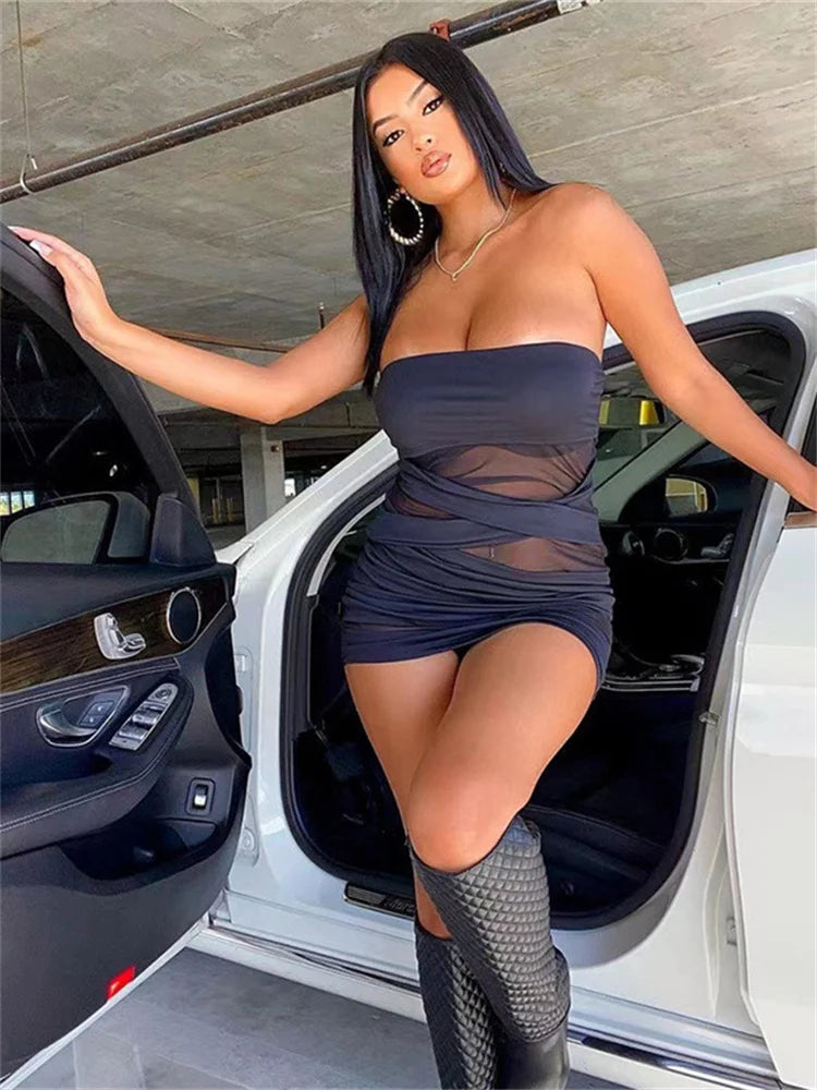 Midnight Dress See-Thought Mesh Patchwork Bandage Wrapped Chest Women Sexy Hip Wraps Dresses Female Partywear Clothing