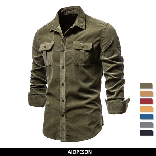 Corduroy 100% Cotton Shirts Men Business Casual Lapel Solid Colour Slim Fit Men's Shirt New Autumn Fashion Shirt for Men