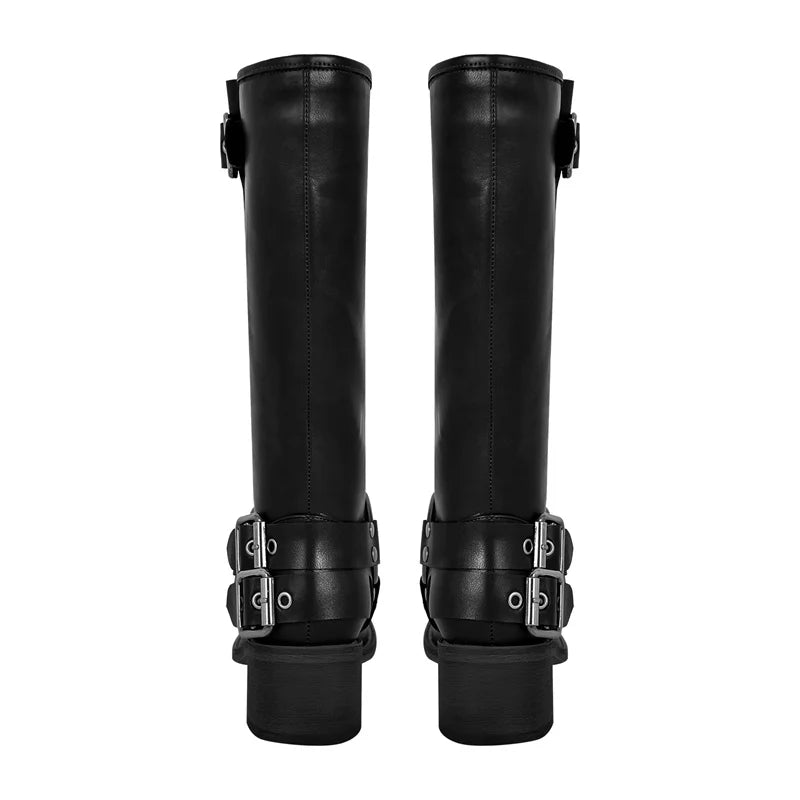 Women Gothic Black Round Toe Knee High Boots Heeled Metal Rivet Buckle Fashion 2023 Autumn Motorcycle Boots