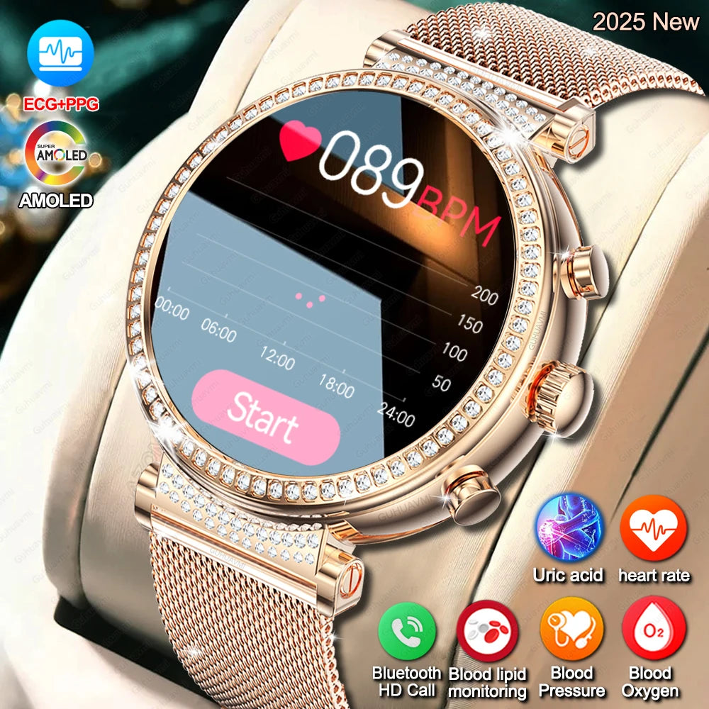 Women Diamond Smart Watch ECG Women Health tracking Watch Full Touch Screen BT Call Custom dial Smartwatch Compatible with Huawei & Xiaomi IOS