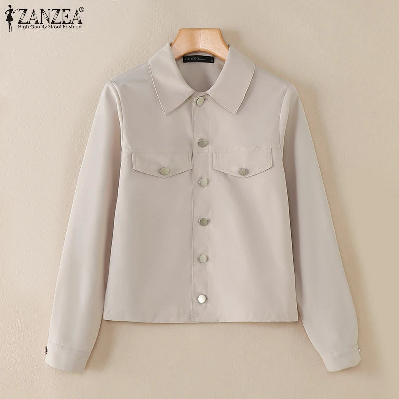 Women Daily Outerwear Long Sleeve Work Wear Casual Solid Colour Coats Button Up 2025 Spring Turn-down Collar Thin Jackets