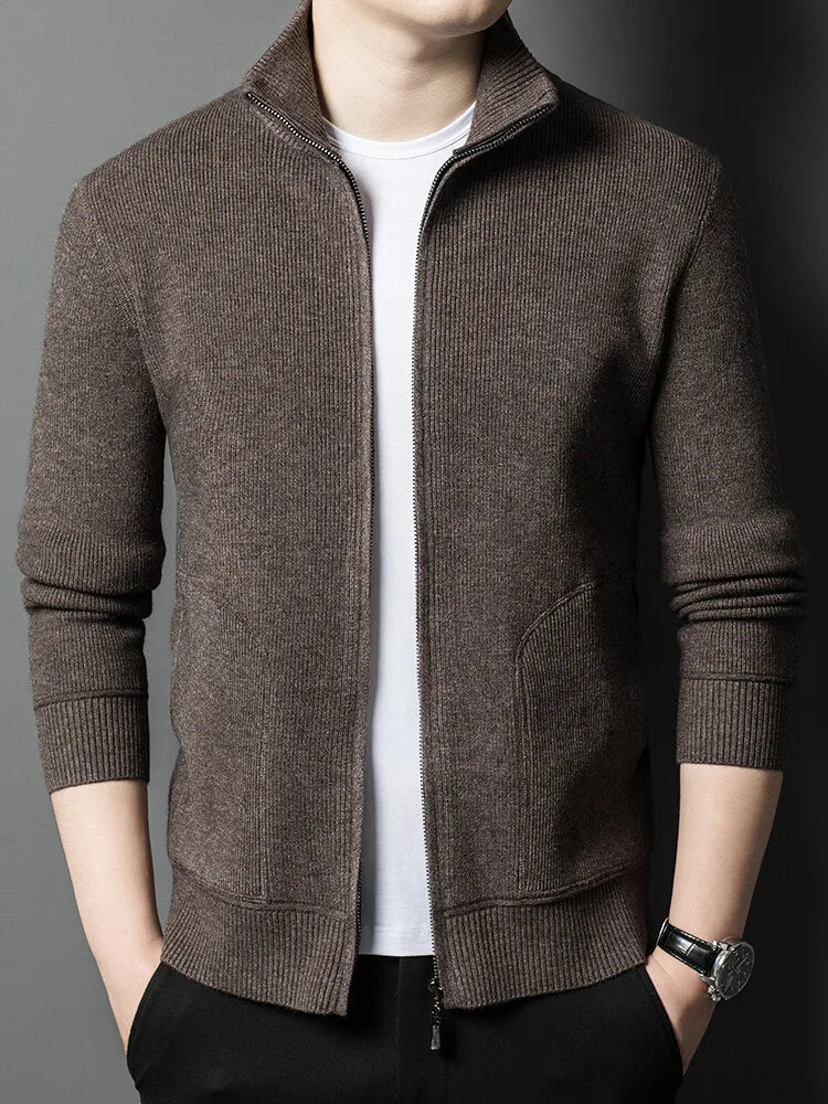Men's Solid Colour Autumn Long-Sleeved Stretch Warm Cardigan, Daily Jacket Sizes M-4XL