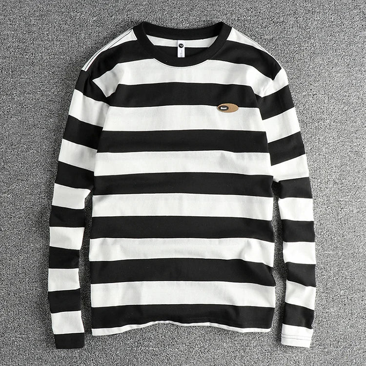 2024 Autumn New American Retro Long Sleeve O-neck Micro Chapter Striped T-shirt Men's Fashion 100% Cotton Washed Casual Tops