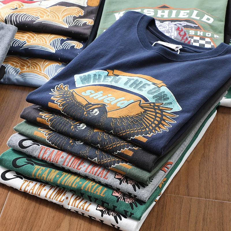 2025 Summer New American Retro 250g Short Sleeve O-neck Printed T-shirt Men's Fashion 100% Cotton Washed Casual Loose Tops