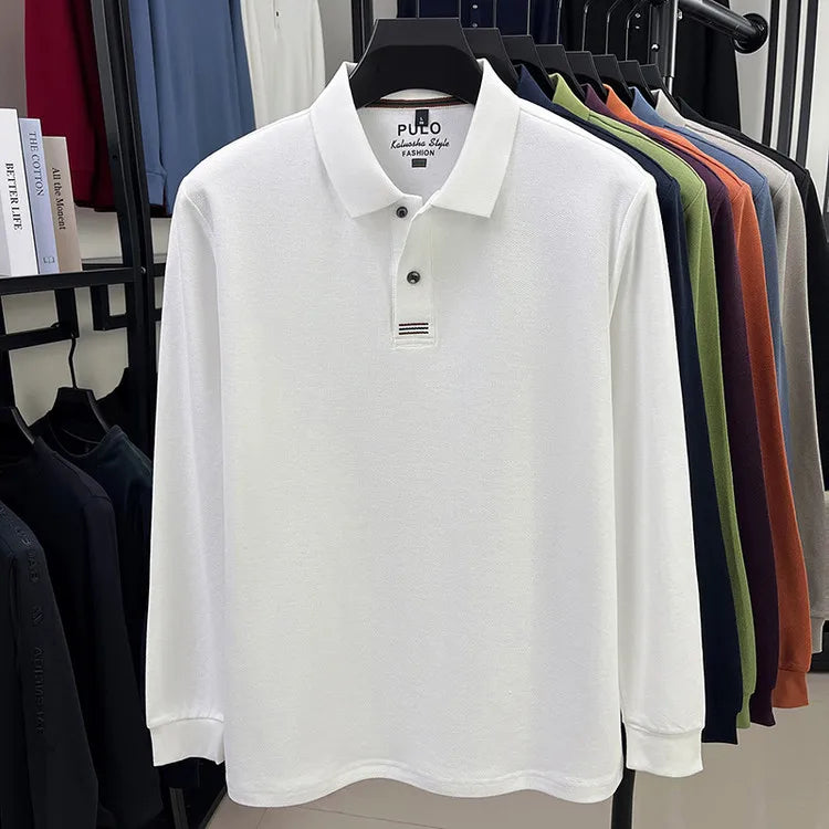 Men's Autumn 100% Breathable Cotton, Long-Sleeve Polo Shirt - Classic Cotton Collared T-Shirt With Business Casual Design