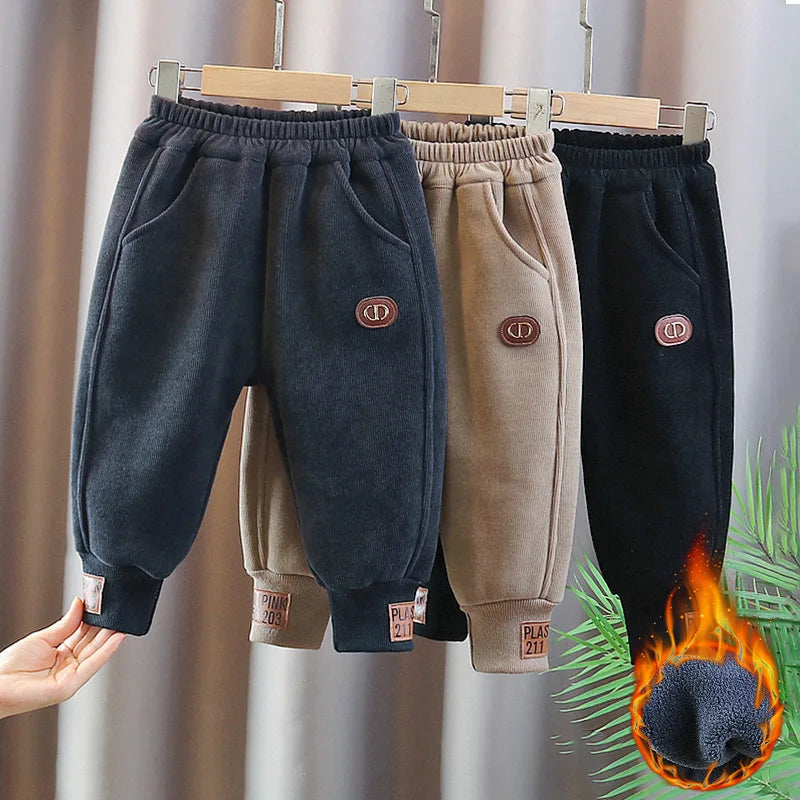 Children's Autumn & Winter Baby Girl Pants Fur Lining Boys Casual Trousers Simple Thick Kid's Pants 0-5Y Unisex