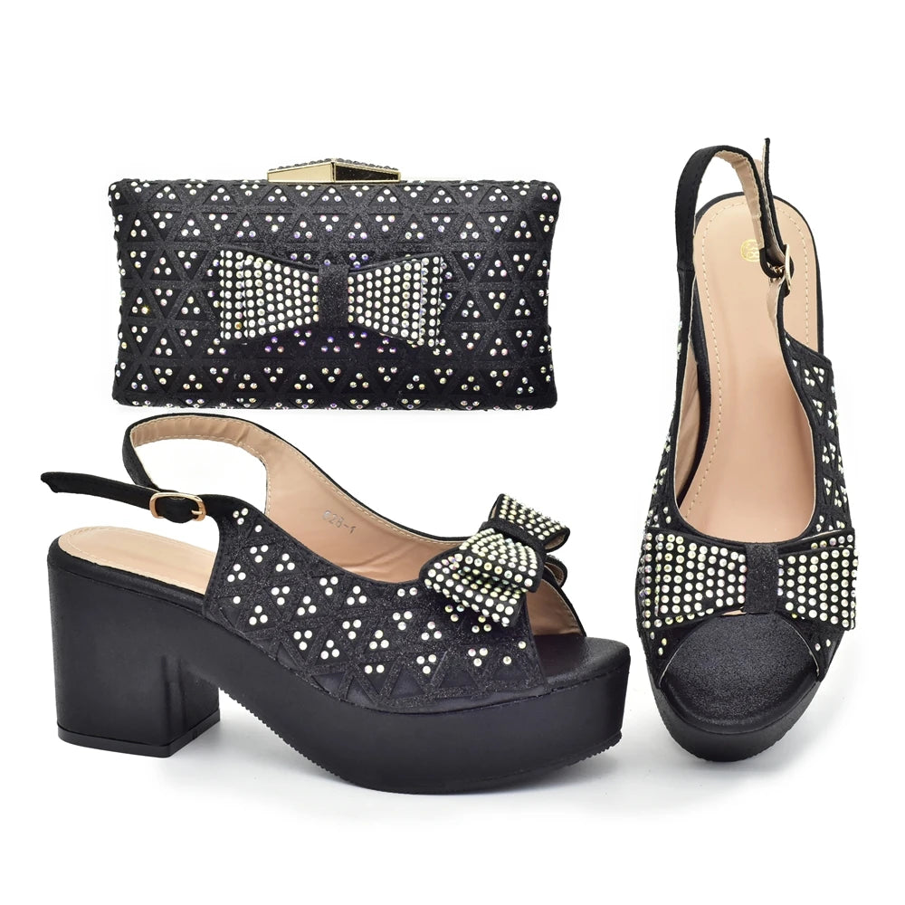 African Women Wedding Shoes and Bag Set Decorated with Rhinestone Africa Shoe and Bags Set Wedges Shoes for Women
