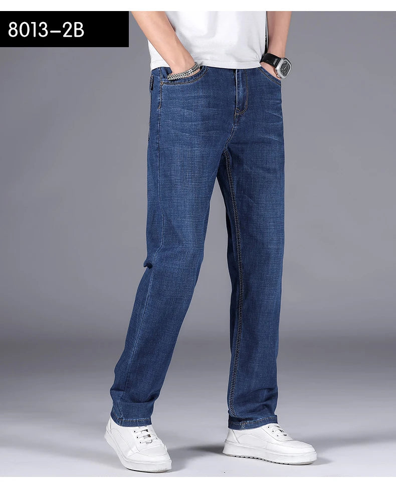 2025 Dunne of dikke stoffen kantoor- en zakenjeans voor heren, klassiek blauw, zwart, katoenen stretch, rechte denimbroek, herenmerkbroeken