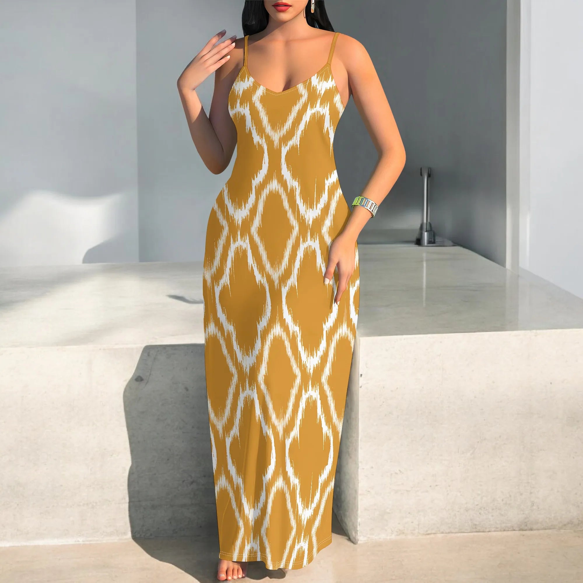 Yellow Ikat Print Sleeveless Maxi Dress for Women Summer Casual Slim Fit Beach Long Dress