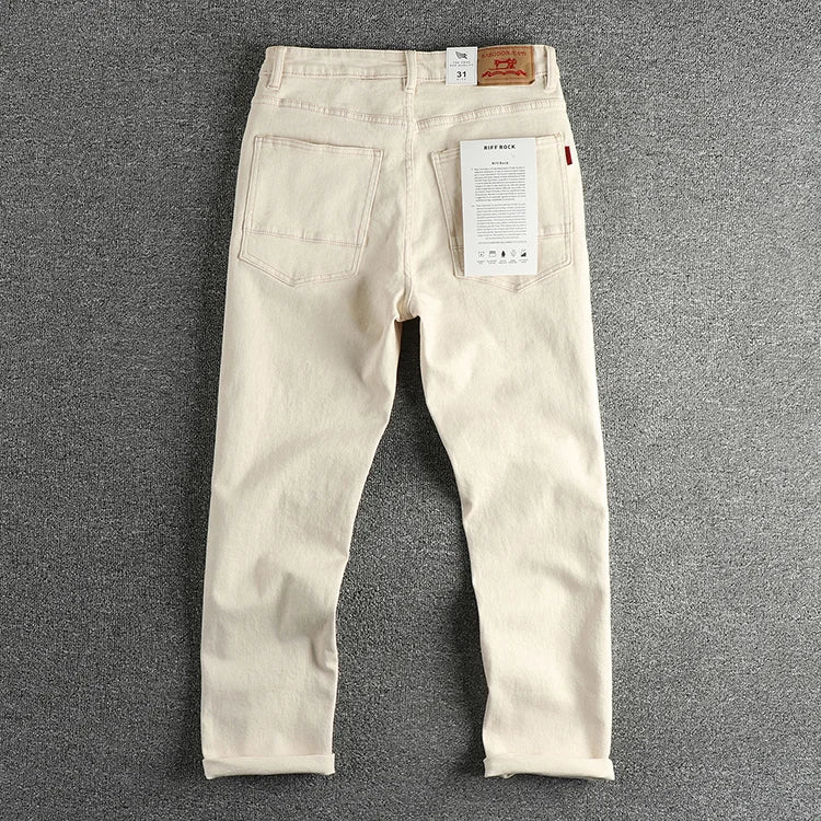 2025 Lente Herfst Nieuwe Amerikaanse Retro Beige Witte Denim Cargo Jeans Heren Eenvoudige 98% Katoen Gewassen Amekaji Casual Rechte Broek