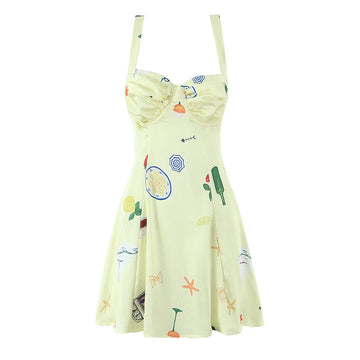 Cute Print Yellow Sexy Corset Style Sling Mini Dresses Women Summer A-line Holiday Dress Backless Robe