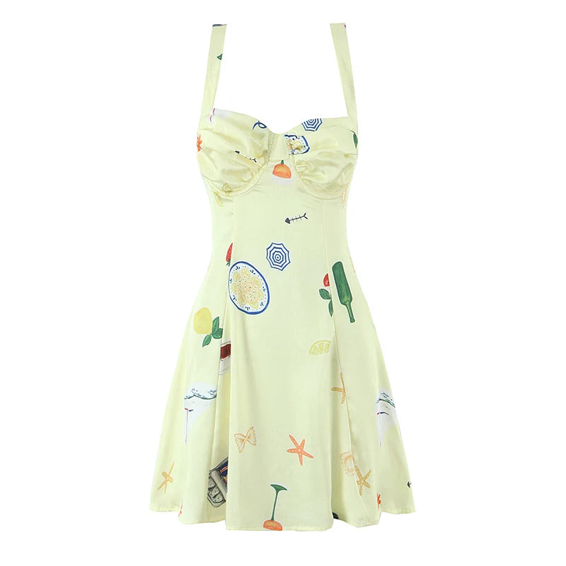 Cute Print Yellow Sexy Corset Style Sling Mini Dresses Women Summer A-line Holiday Dress Backless Robe