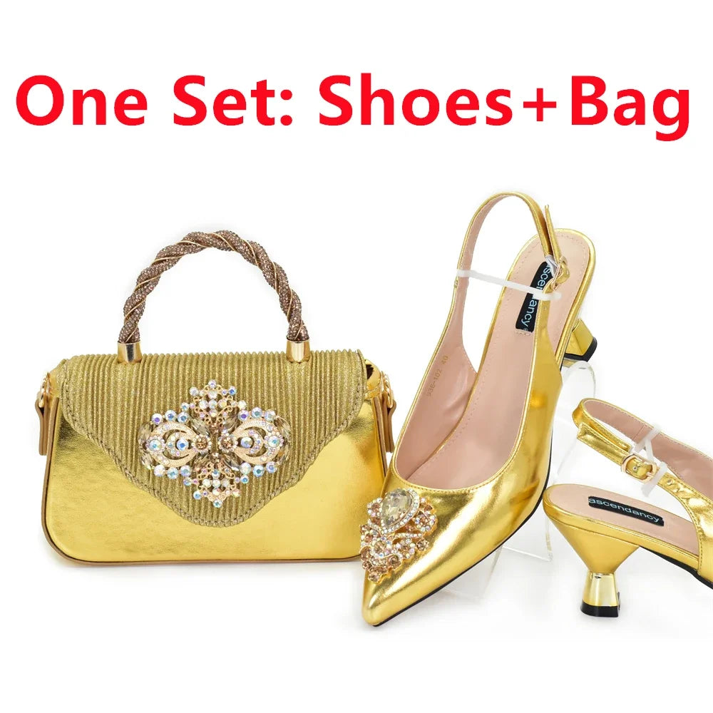 African Matching Shoes and Bags Set Decorated with Rhinestone for Ladies' Party