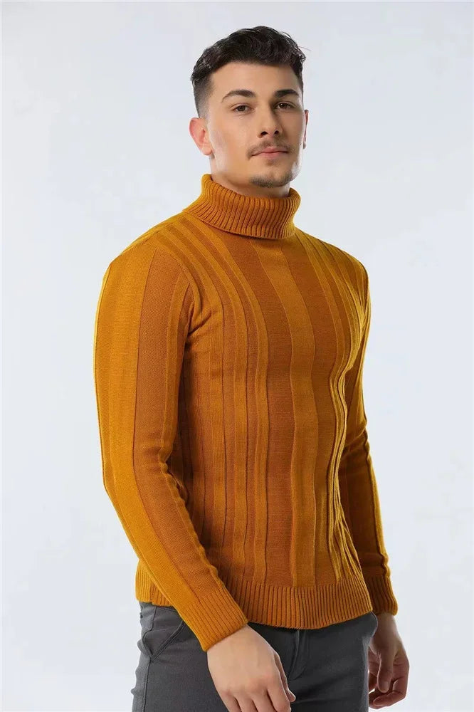 Men's Slim Fit Pullovers Turtleneck Casual Basic Solid Colour Warm Striped Sweater Male Winter Fashion Sweaters