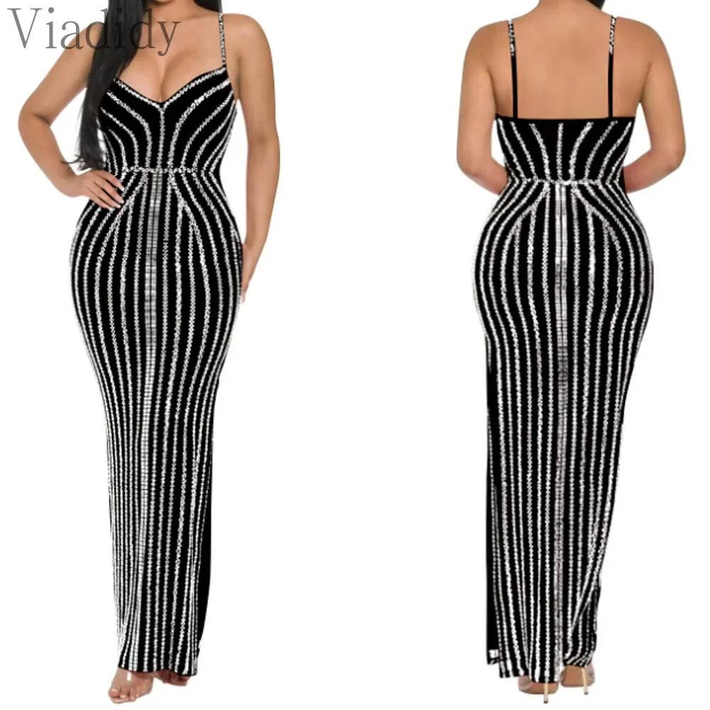 Women's Sexy Solid Color Spaghetti Strap Rhinestone Decor Deep V Neck Party Dress