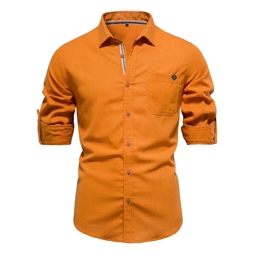 Men's 100% Cotton Social Spring Shirts Single Pocket Solid Colour Long Sleeve Shirts Turn-down Collar For Men