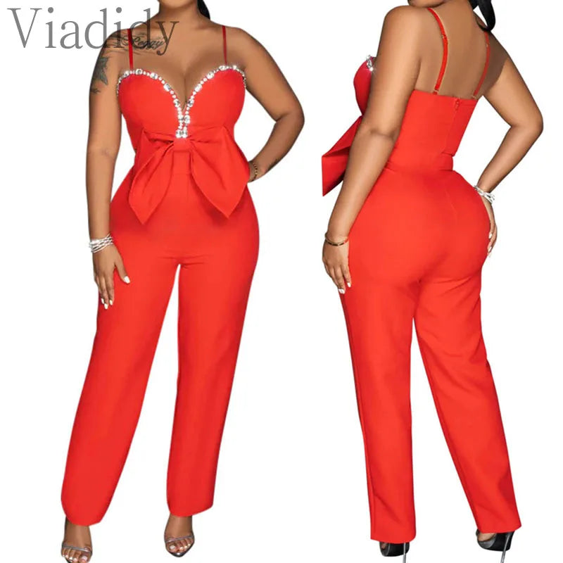 Spaghetti Strap Rhinestone Bowknot Decor Straight Jumpsuit