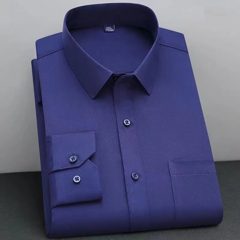 Men's Classic Solid Non-Iron Business Casual Shirt Anti-Wrinkle Soft Wear Long Sleeve Square Collar Tat Fabric Single Breasted