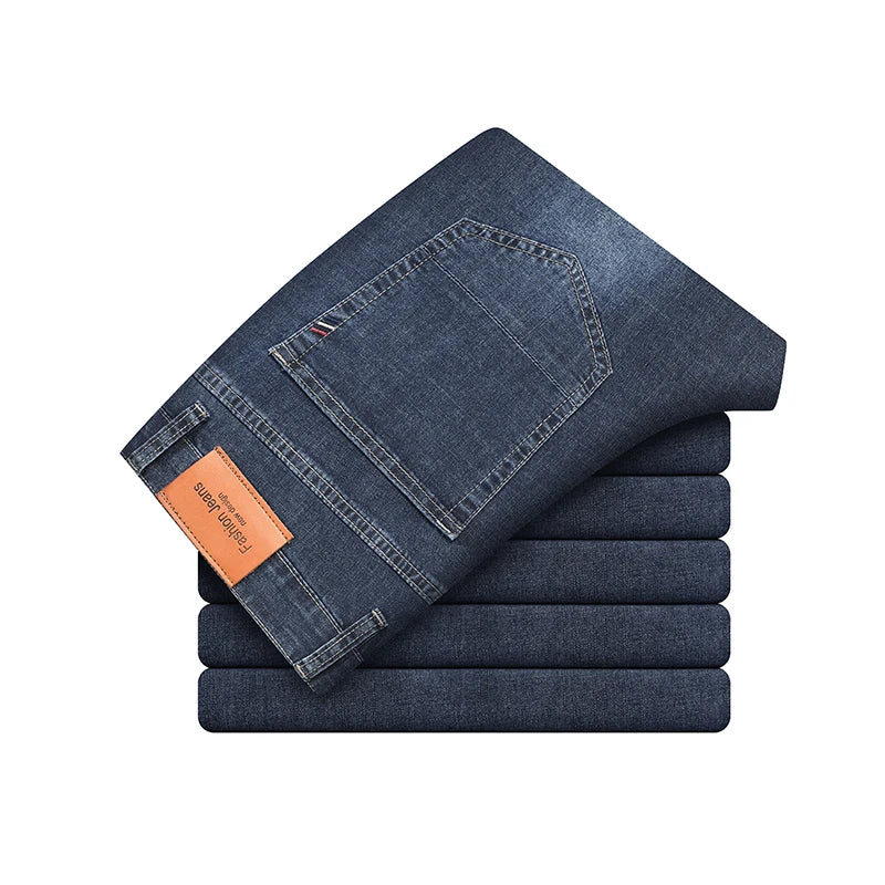 2025 Dunne of dikke stoffen kantoor- en zakenjeans voor heren, klassiek blauw, zwart, katoenen stretch, rechte denimbroek, herenmerkbroeken