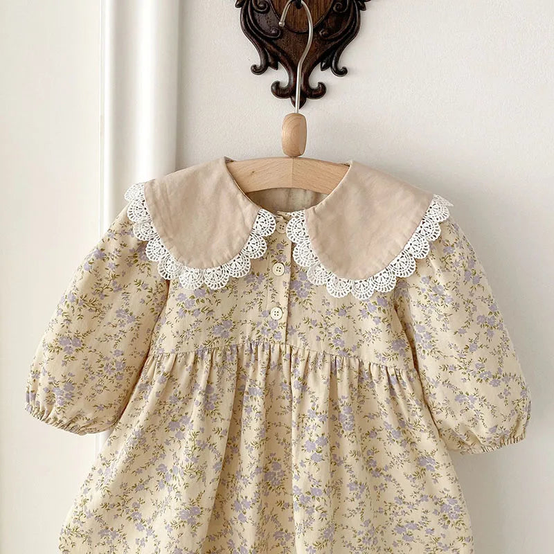 New Spring Girls Floral Dress Kids Cute Lace Doll Collar Princess Dress Children Sweet Flower Clothes For Kids 1-3Y Girls