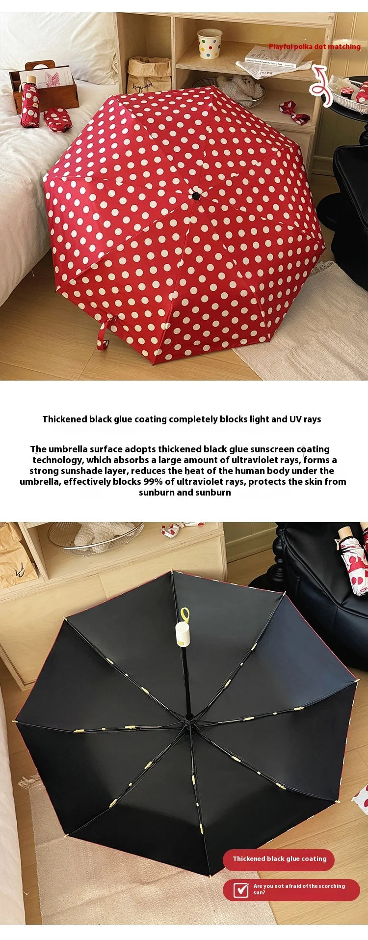 Large Polka Dots AutoOpen/Close Women’s Retro Aesthetic 2-in-1 Umbrella - UPF 50+ Protection 3-Fold Compact, Windproof & Stylish