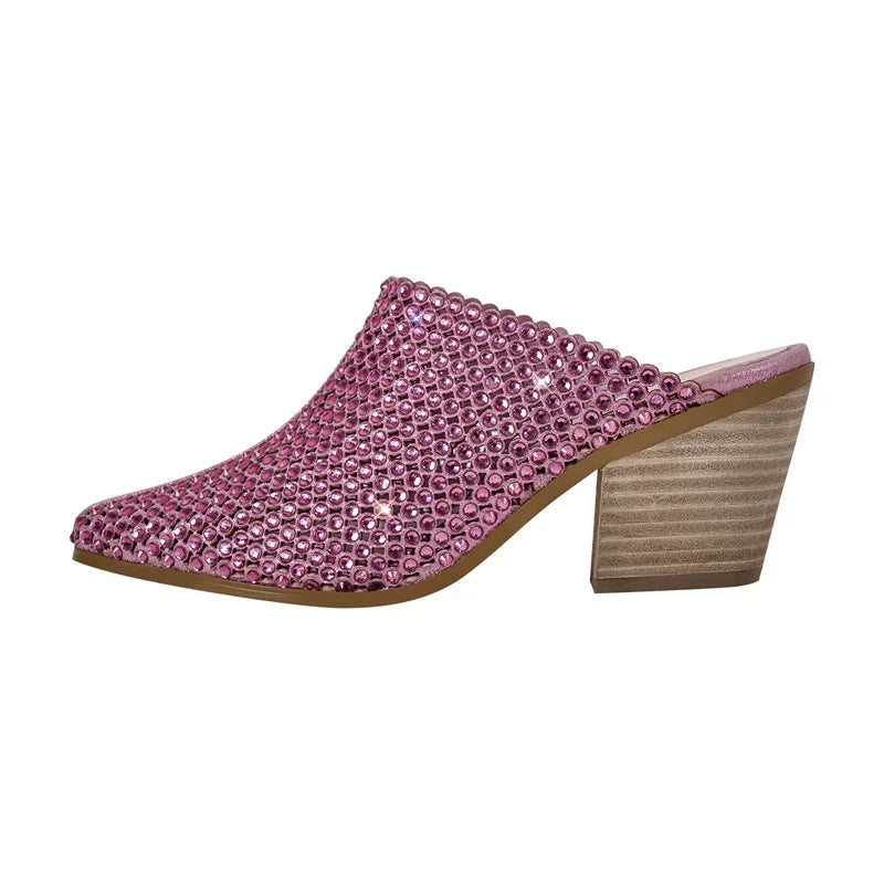 Women Pointed Toe Rhinestone Mules Glitter Bling Shiny Pretty Sparkly Gorgeous Chunky Heel Slip On Summer Slipper