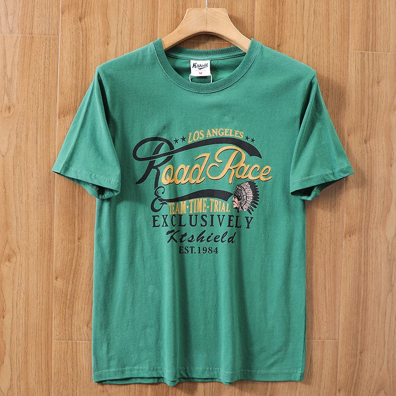 2025 Summer New American Retro 250g Short Sleeve O-neck Printed T-shirt Men's Fashion 100% Cotton Washed Casual Loose Tops