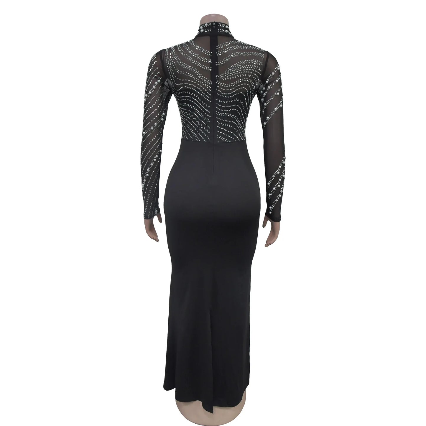 Sexy Mesh Patchwork Rhinestone Beads Floor Length Party Long Dress