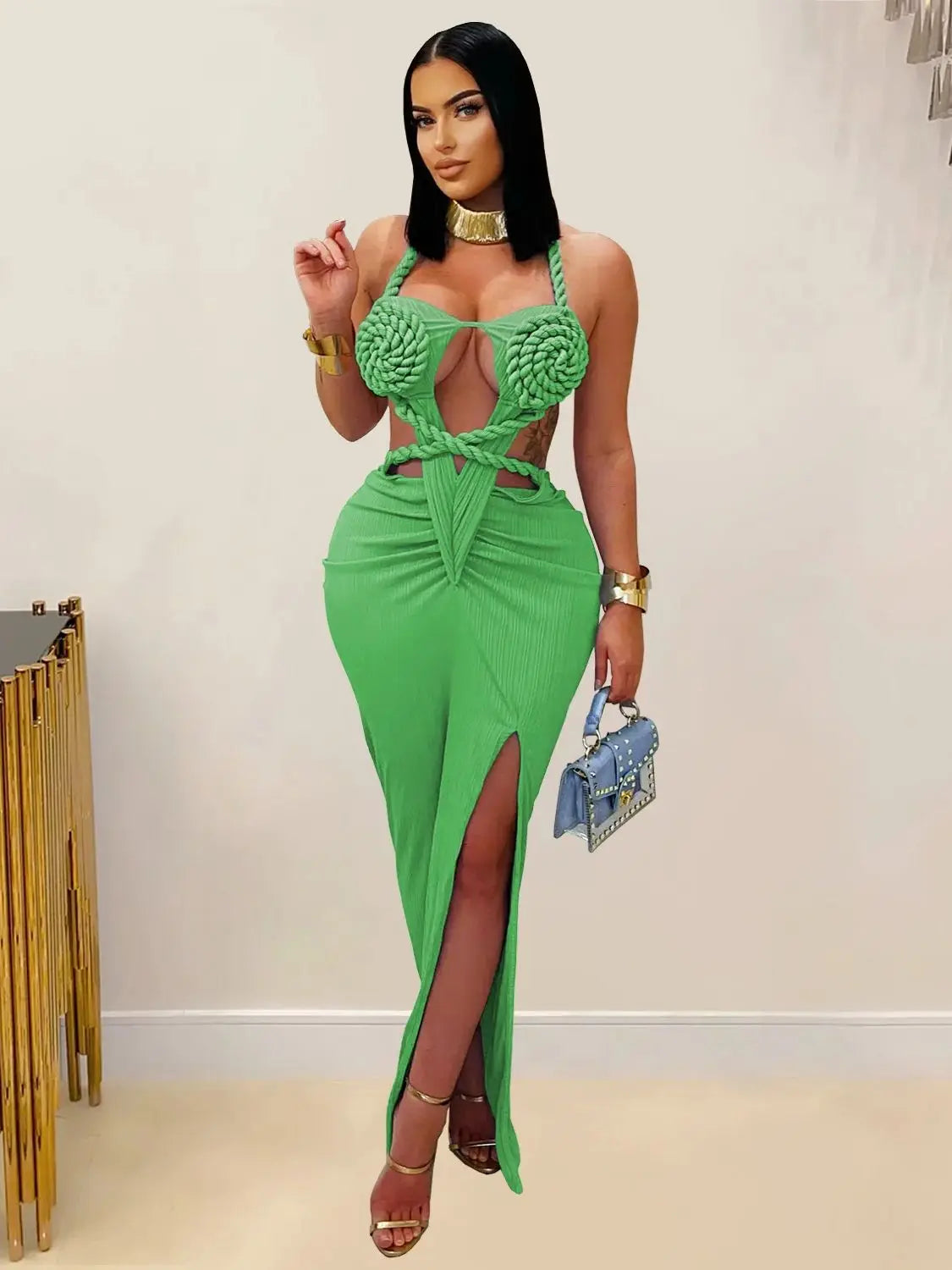 Sexy Plait Dress Women Summer Peach Buttocks Backless Sleeveless Split Hollow Midnight Party Clubwear Maxi Bodycon