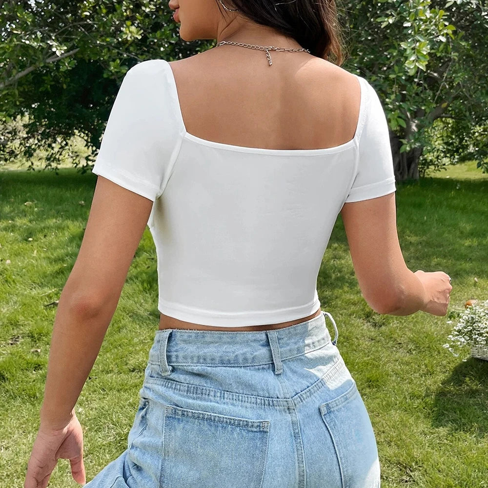 T-shirts Zomer Eenvoudig Degelijk Effen Kleur Vouwen Korte Mouw Vierkante Hals Skinny Fit Casual Cropped T-shirts Voor Vrouwen