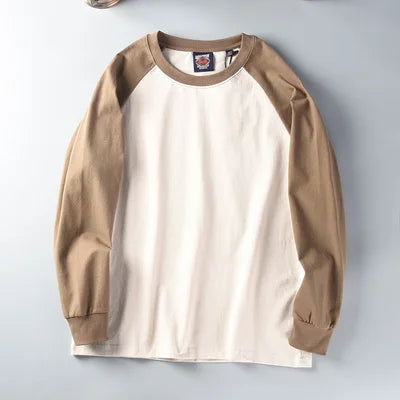 Autumn New American Retro Long Sleeve O-neck Contrast Splicing T-shirt Men's Fashion 100% Cotton Washed Old Casual Sport Tops