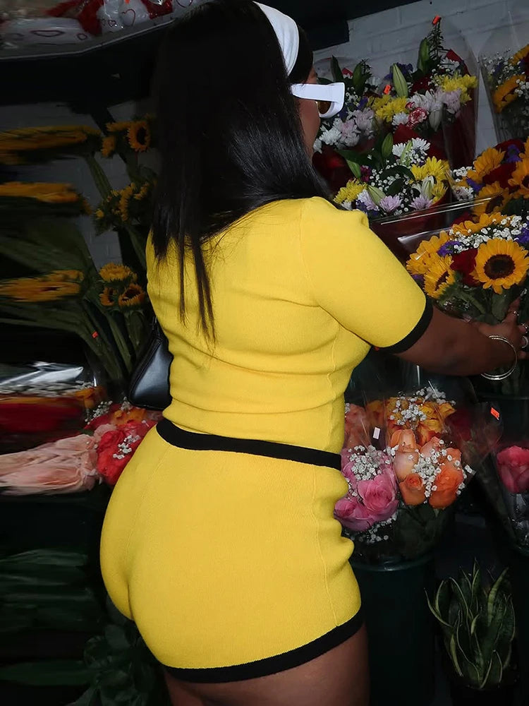 Casual 2-delige set dames trainingspak zomer hipster polo hals crop tops + button shorts bijpassende skinny stretch streetwear