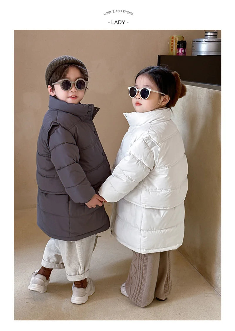 Winter Kids Parkas Thicken Vest And Parkas 2 Pcs Boys Long Parka Cotton Lining Girls Jacket 4-6Y Unisex